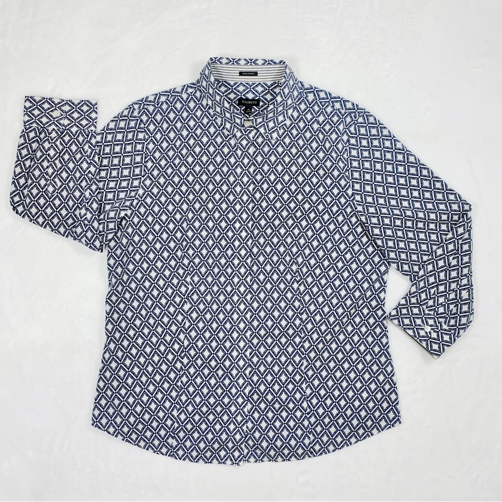 TALBOTS sz10 Stretch Cotton Wrinkle Resistant Shirt Blouse Blue White 3/4 Sleeve